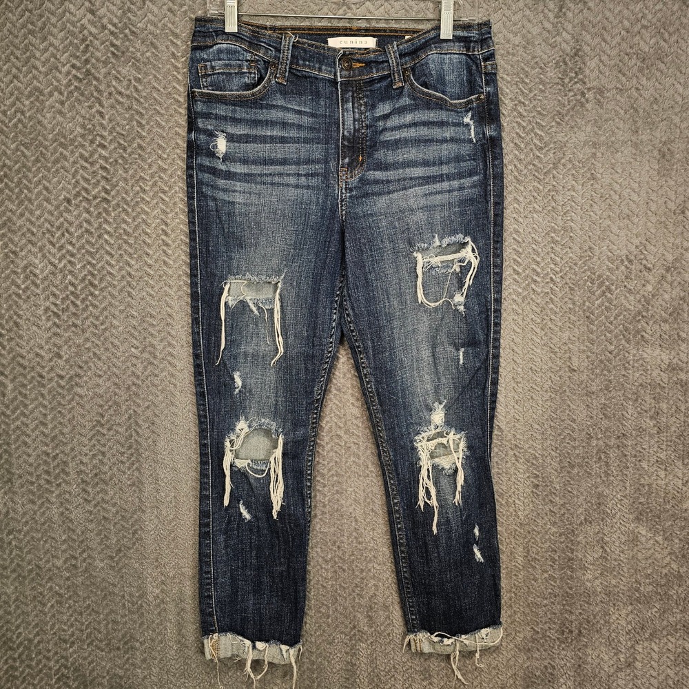 Eunina Sasha Mid Rise Skinny Cigarette Distressed Jeans Dark Wash Blue Size 13